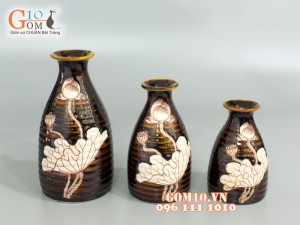 Bộ ba bình đầm cao men đơn sắc khắc sen đen