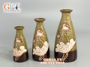 Bộ ba bình đầm cao men đơn sắc khắc sen nâu