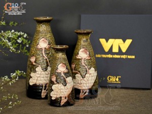 Bộ ba bình đầm cao men hỏa biến gấm vàng khắc sen, cao 22cm (hộp xi lụa cao cấp VTV)