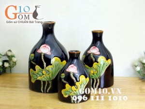 Bộ ba bình đầm thấp men đơn sắc khắc sen màu