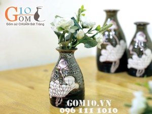 Bộ ba bình đầm thấp men đơn sắc khắc sen nâu