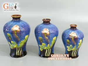 Bộ ba bình đùi dế men đơn sắc khắc sen màu