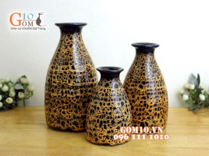 Bộ ba bình hoa vàng đầm thấp men đơn sắc