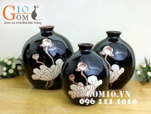 Bộ ba bình tròn to men đơn sắc khắc sen màu