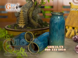 Bộ 3 lọ hoa dáng ống men hỏa biến màu xanh nhạt, cao 20cm