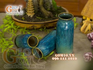 Bộ 3 lọ hoa dáng ống men hỏa biến màu xanh nhạt, cao 20cm