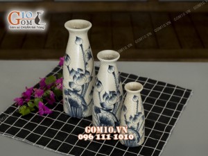 Bộ ba lọ hoa dáng thon men rạn vẽ sen