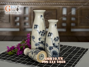 Bộ ba lọ hoa dáng thon men rạn vẽ sen
