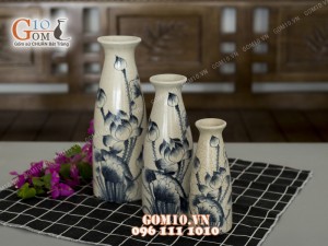 Bộ ba lọ hoa dáng thon men rạn vẽ sen