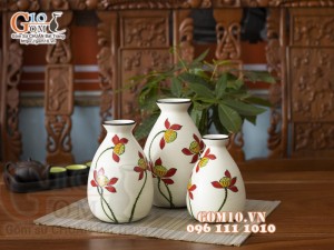 Bộ ba lọ hoa giọt nước vẽ hoa sen , cao 22cm