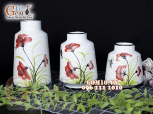 Bộ ba lọ hoa men kem vẽ hoa bướm