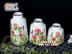Bộ ba lọ hoa men kem vẽ hoa hồng