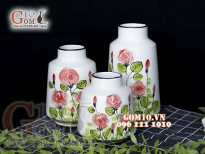 Bộ ba lọ hoa men kem vẽ hoa hồng