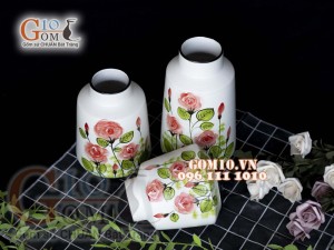 Bộ ba lọ hoa men kem vẽ hoa hồng