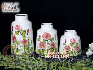 Bộ ba lọ hoa men kem vẽ hoa hồng