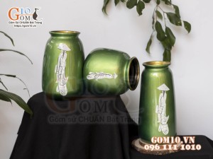 Bộ ba lọ hoa sơn mài họa tiết rạn cổ thiếu nữ áo