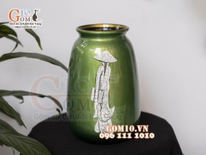 Bộ ba lọ hoa sơn mài họa tiết rạn cổ thiếu nữ áo