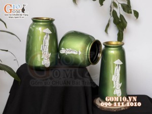 Bộ ba lọ hoa sơn mài họa tiết rạn cổ thiếu nữ áo