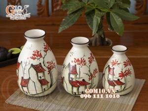 Bộ ba lọ hoa vẽ cảnh phố cổ Hà Nội, cao 22cm