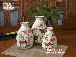Bộ ba lọ hoa vẽ cảnh phố cổ Hà Nội, cao 22cm