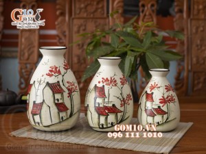 Bộ ba lọ hoa vẽ cảnh phố cổ Hà Nội, cao 22cm