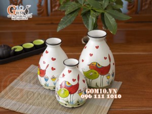 Bộ ba lọ hoa  dáng tròn vẽ chim uyên ương, cao 22cm
