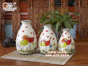 Bộ ba lọ hoa  dáng tròn vẽ chim uyên ương, cao 22cm