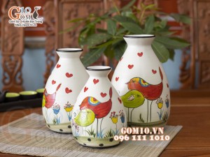 Bộ ba lọ hoa  dáng tròn vẽ chim uyên ương, cao 22cm