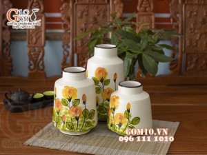 Bộ ba lọ hoa vẽ hoa hồng cam, cao 25cm