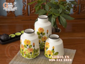 Bộ ba lọ hoa vẽ hoa hồng cam, cao 25cm
