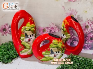 Bộ ba thủng bé sơn mài vẽ cảnh làng quê 37cm