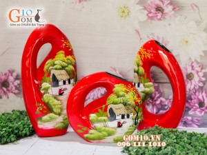 Bộ ba thủng bé sơn mài vẽ cảnh làng quê 37cm