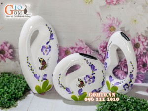 Bộ ba thủng bé sơn mài vẽ hoa và bướm nền trắng 37cm