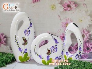 Bộ ba thủng bé sơn mài vẽ hoa và bướm nền trắng 37cm