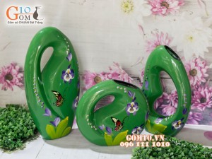 Bộ ba thủng bé sơn mài vẽ hoa và bướm nền xanh 37cm