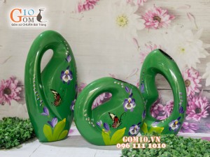 Bộ ba thủng bé sơn mài vẽ hoa và bướm nền xanh 37cm