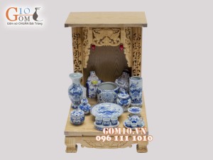 Bộ ban thần tài - thổ địa men lam vẽ sen