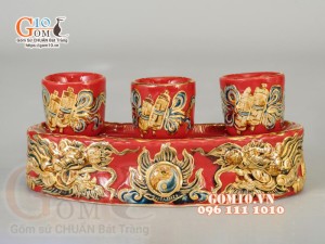 Bộ ban thần tài thổ địa Như Ý đắp nổi, màu đỏ - vẽ vàng 24k