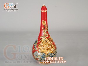 Bộ ban thần tài thổ địa Như Ý đắp nổi, màu đỏ - vẽ vàng 24k