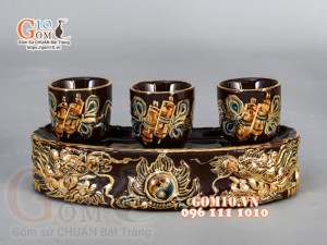 Bộ ban thần tài thổ địa Như Ý đắp nổi, màu nâu - vẽ vàng 24k