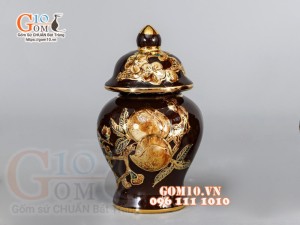 Bộ ban thần tài thổ địa Như Ý đắp nổi, màu nâu - vẽ vàng 24k