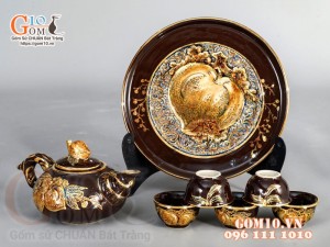 Bộ ban thần tài thổ địa Như Ý đắp nổi, màu nâu - vẽ vàng 24k