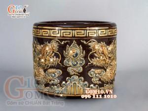 Bộ ban thần tài thổ địa Như Ý đắp nổi, màu nâu - vẽ vàng 24k