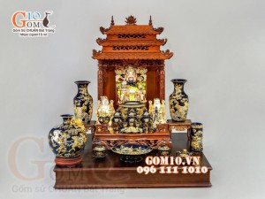 Bộ ban thần tài thổ địa Như Ý đắp nổi, Xanh coban - vẽ vàng 24k