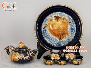 Bộ ban thần tài thổ địa Phú Quý Tài Lộc đắp nổi, Xanh coban - vẽ vàng 24k