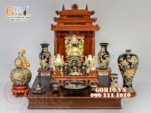 Bộ ban thần tài thổ địa Phú Quý Tài Lộc đắp nổi, Xanh coban - vẽ vàng 24k