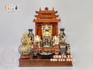 Bộ ban thần tài thổ địa Tài Lộc đắp nổi, Xanh coban - vẽ vàng 24k