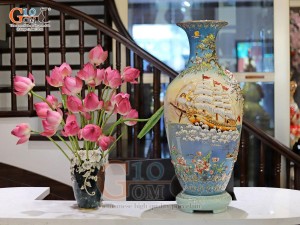 Bộ bảo bình phong thủy đắp nổi Thuận Buồm Xuôi Gió - Hoa Anh Thảo vẽ vàng 24k, cao 85cm