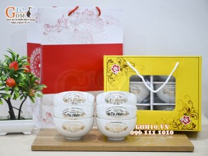 Bộ bát cơm men trắng kẻ chỉ vàng kim, in logo