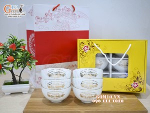 Bộ bát cơm men trắng kẻ chỉ vàng kim, in logo